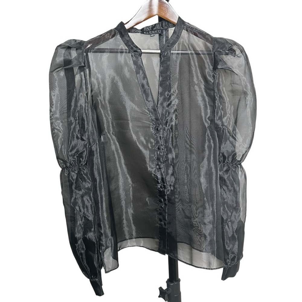 Eloquii Size 16 Sheer Top Leg of Mutton Sleeve Button Up Nylon Party Glam
